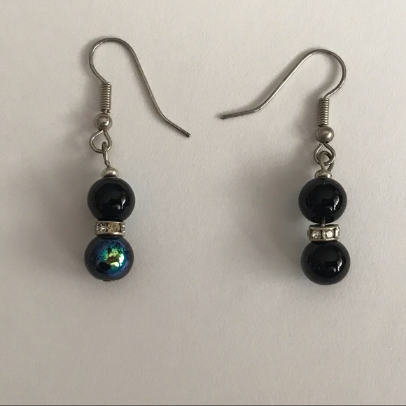 New Handmade by Artist Earrings Blue Beads Faux Diamonds - Picture 5 of 16